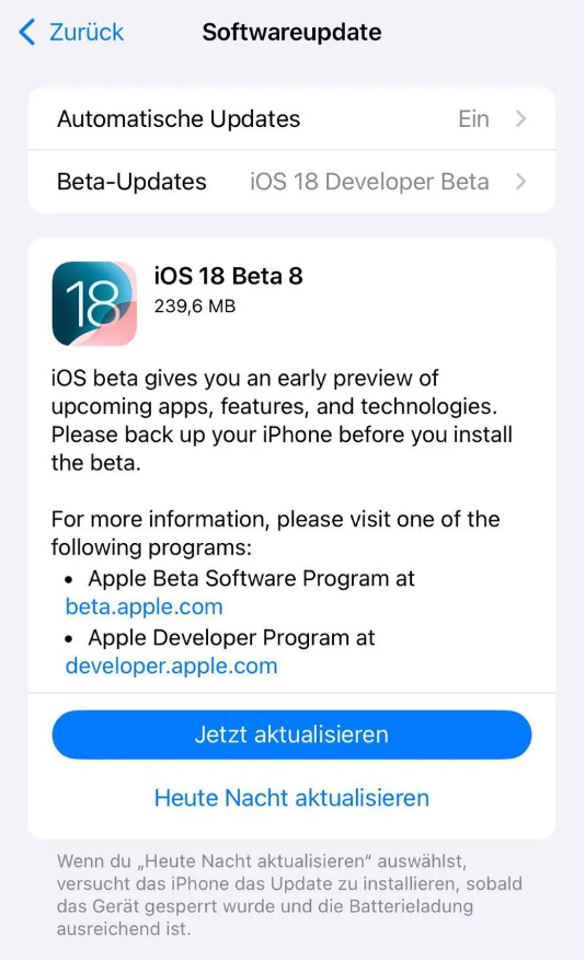 文教镇苹果手机维修分享苹果 iOS / iPadOS 18 开发者预览版 Beta 8 发布 